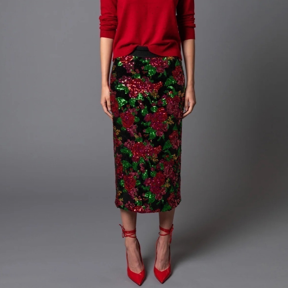 Le Superbe- NWT Floral Sequin Rose All Night Midi Skirt